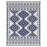Reversible Outdoor Rug, Waterproof Plastic Straw with Carry Bag, 9' x 12', Blue and White Rhombus Border
