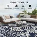 Reversible Outdoor Rug, Waterproof Plastic Straw with Carry Bag, 9' x 12', Blue and White Rhombus Border - Image 6