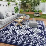 Reversible Outdoor Rug, Waterproof Plastic Straw with Carry Bag, 9' x 12', Blue and White Rhombus Border - Image 10