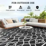 Reversible Outdoor Rug, Waterproof Plastic Straw with Carry Bag, 9' x 18', Black and Gray Lantern - Image 6