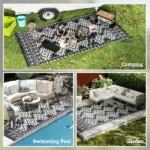 Reversible Outdoor Rug, Waterproof Plastic Straw with Carry Bag, 9' x 18', Black and White Rhombus Border - Image 5