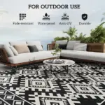 Reversible Outdoor Rug, Waterproof Plastic Straw with Carry Bag, 9' x 18', Black and White Rhombus Border - Image 6