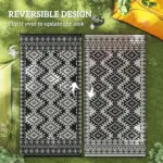 Reversible Outdoor Rug, Waterproof Plastic Straw with Carry Bag, 9' x 18', Black and White Rhombus Border - Image 7