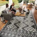 Reversible Outdoor Rug, Waterproof Plastic Straw with Carry Bag, 9' x 18', Black and White Rhombus Border - Image 9