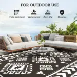 Reversible Outdoor Rug, Waterproof Plastic Straw with Carry Bag, 9' x 18', Black and White Rhombus Patchwork - Image 6