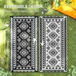 Reversible Outdoor Rug, Waterproof Plastic Straw with Carry Bag, 9' x 18', Black and White Rhombus Patchwork - Image 7