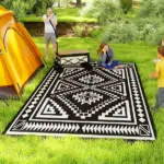 Reversible Outdoor Rug, Waterproof Plastic Straw with Carry Bag, 9' x 18', Black and White Square Patchwork - Image 2