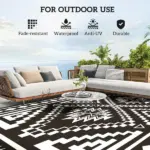 Reversible Outdoor Rug, Waterproof Plastic Straw with Carry Bag, 9' x 18', Black and White Square Patchwork - Image 6