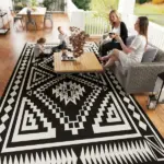 Reversible Outdoor Rug, Waterproof Plastic Straw with Carry Bag, 9' x 18', Black and White Square Patchwork - Image 9