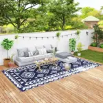 Reversible Outdoor Rug, Waterproof Plastic Straw with Carry Bag, 9' x 18', Blue and White Rhombus Patchwork - Image 11