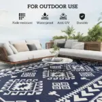 Reversible Outdoor Rug, Waterproof Plastic Straw with Carry Bag, 9' x 18', Blue and White Rhombus Patchwork - Image 6