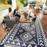 Reversible Outdoor Rug, Waterproof Plastic Straw with Carry Bag, 9' x 18', Blue and White Rhombus Patchwork - Image 9
