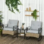 Rocking Bistro Set 3 Piece Wicker Outdoor Furniture with Rocker Chairs Cushions Coffee Table Light Grey - Image 2