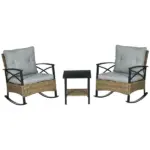 Rocking Bistro Set 3 Piece Wicker Outdoor Furniture with Rocker Chairs Cushions Coffee Table Light Grey