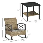 Rocking Bistro Set 3 Piece Wicker Outdoor Furniture with Rocker Chairs Cushions Coffee Table Light Grey - Image 3