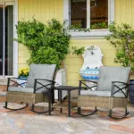Rocking Bistro Set 3 Piece Wicker Outdoor Furniture with Rocker Chairs Cushions Coffee Table Light Grey - Image 9
