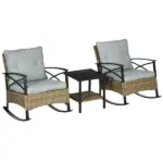 Rocking Bistro Set 3 Piece Wicker Outdoor Furniture with Rocker Chairs Cushions Coffee Table Light Grey - Image 10