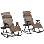 Rocking Chair Set, Outdoor Foldable Reclining Zero Gravity with Pillow, Cup and Phone Holder, Brown