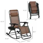 Rocking Chair Set, Outdoor Foldable Reclining Zero Gravity with Pillow, Cup and Phone Holder, Brown - Image 3