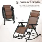 Rocking Chair Set, Outdoor Foldable Reclining Zero Gravity with Pillow, Cup and Phone Holder, Brown - Image 4