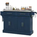 HOMCOM Rollable Kitchen Island with Stainless Steel Top, 2 Drawers, Spice, Knife and Towel Rack and Cabinets, Navy Blue