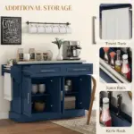 HOMCOM Rollable Kitchen Island with Stainless Steel Top, 2 Drawers, Spice, Knife and Towel Rack and Cabinets, Navy Blue - Image 7