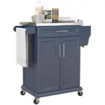 Rolling Island on Wheels, Small Kitchen island cart with Storage, Stainless Steel Countertop for Dining Room, Deep Blue - Image 11