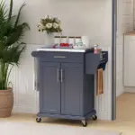 Rolling Island on Wheels, Small Kitchen island cart with Storage, Stainless Steel Countertop for Dining Room, Deep Blue - Image 10