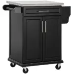 HOMCOM Rolling Kitchen Cart, Black, with Stainless Steel Countertop, Spice Rack, Island on Wheels