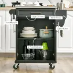 HOMCOM Rolling Kitchen Cart, Black, with Stainless Steel Countertop, Spice Rack, Island on Wheels - Image 4