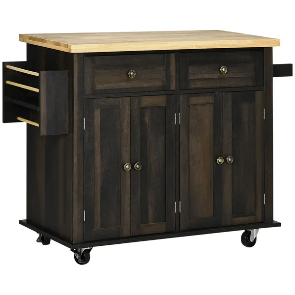 rolling-kitchen-cart-brown-oak-with-rubberwood-top-spice-rack-towel-rack-and-drawers.webp HOMCOM Rolling Kitchen Cart, Brown Oak with Rubberwood Top, Spice Rack, Towel Rack, and Drawers - Image 1