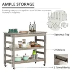 Rolling Kitchen Cart, Gray, with Stainless Steel Countertop, Bottom Shelf, Slotted Middle Shelf, 4 Castor Wheels - Image 4