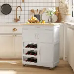 Rolling Kitchen Cart, White, Island with Storage Drawer, 9-Bottle Wine Rack, Door Cabinets, Wooden Countertop - Image 2