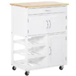 Rolling Kitchen Cart, White, Island with Storage Drawer, 9-Bottle Wine Rack, Door Cabinets, Wooden Countertop - Image 11