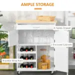 Rolling Kitchen Cart, White, Island with Storage Drawer, 9-Bottle Wine Rack, Door Cabinets, Wooden Countertop - Image 4
