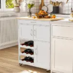Rolling Kitchen Cart, White, Island with Storage Drawer, 9-Bottle Wine Rack, Door Cabinets, Wooden Countertop - Image 10