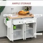 HOMCOM Rolling Kitchen Cart, White, Wood Top, Spice/Towel Rack, Storage Drawers, Movable Dining Room Trolley - Image 6