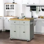 HOMCOM Rolling Kitchen Island with Rubber Wood Top, Spice/Towel Rack, Storage Drawers, Mobile Cart for Dining Room, Gray - Image 2