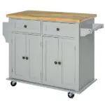 HOMCOM Rolling Kitchen Island with Rubber Wood Top, Spice/Towel Rack, Storage Drawers, Mobile Cart for Dining Room, Gray - Image 11