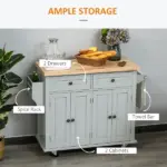 HOMCOM Rolling Kitchen Island with Rubber Wood Top, Spice/Towel Rack, Storage Drawers, Mobile Cart for Dining Room, Gray - Image 6