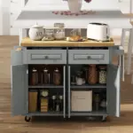 HOMCOM Rolling Kitchen Island with Rubber Wood Top, Spice/Towel Rack, Storage Drawers, Mobile Cart for Dining Room, Gray - Image 8