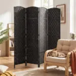 HOMCOM Room Divider, 4 Panel Folding Privacy Screen, 70.9" Tall Portable Weave Partition Wall Divider for Bedroom, Coffee - Image 2