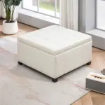 Round Storage Ottoman Bench, Button Tufted Ottoman with Flip Top for Living Room, Entryway and Bedroom, Beige - Image 8