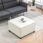 Round Storage Ottoman Bench, Button Tufted Ottoman with Flip Top for Living Room, Entryway and Bedroom, Beige - Image 10