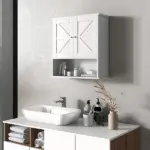 Kleankin Rustic Wall Organizer: White Farmhouse Medicine Cabinet with Barn Doors and Shelf - Image 2