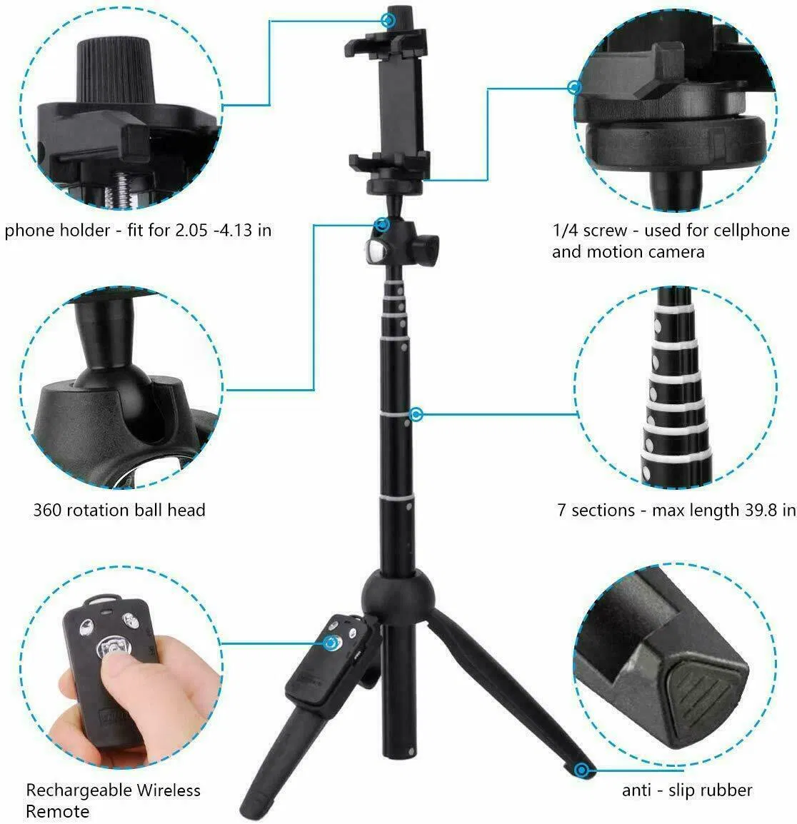 40 Inch Selfie Stick Tripod with Bluetooth Remote for iPhone and Android