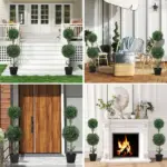 HOMCOM Set of 2 Artificial Ball Boxwood Topiary Trees, Fake Plants in Pot for Indoor Outdoor Living Room Green - Image 2