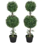 HOMCOM Set of 2 Artificial Ball Boxwood Topiary Trees, Fake Plants in Pot for Indoor Outdoor Living Room Green