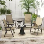 Outsunny Set of 4 Outdoor Folding Chairs, Stackable Patio Dining Chairs with Armrests, Metal Frame, Light Mixed Brown - Image 2