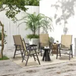 Outsunny Set of 4 Outdoor Folding Chairs, Stackable Patio Dining Chairs with Armrests, Metal Frame, Light Mixed Brown - Image 7